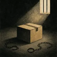 Cardboard box under barred window with chains on the floor, sunlight casting shadows across a dark room