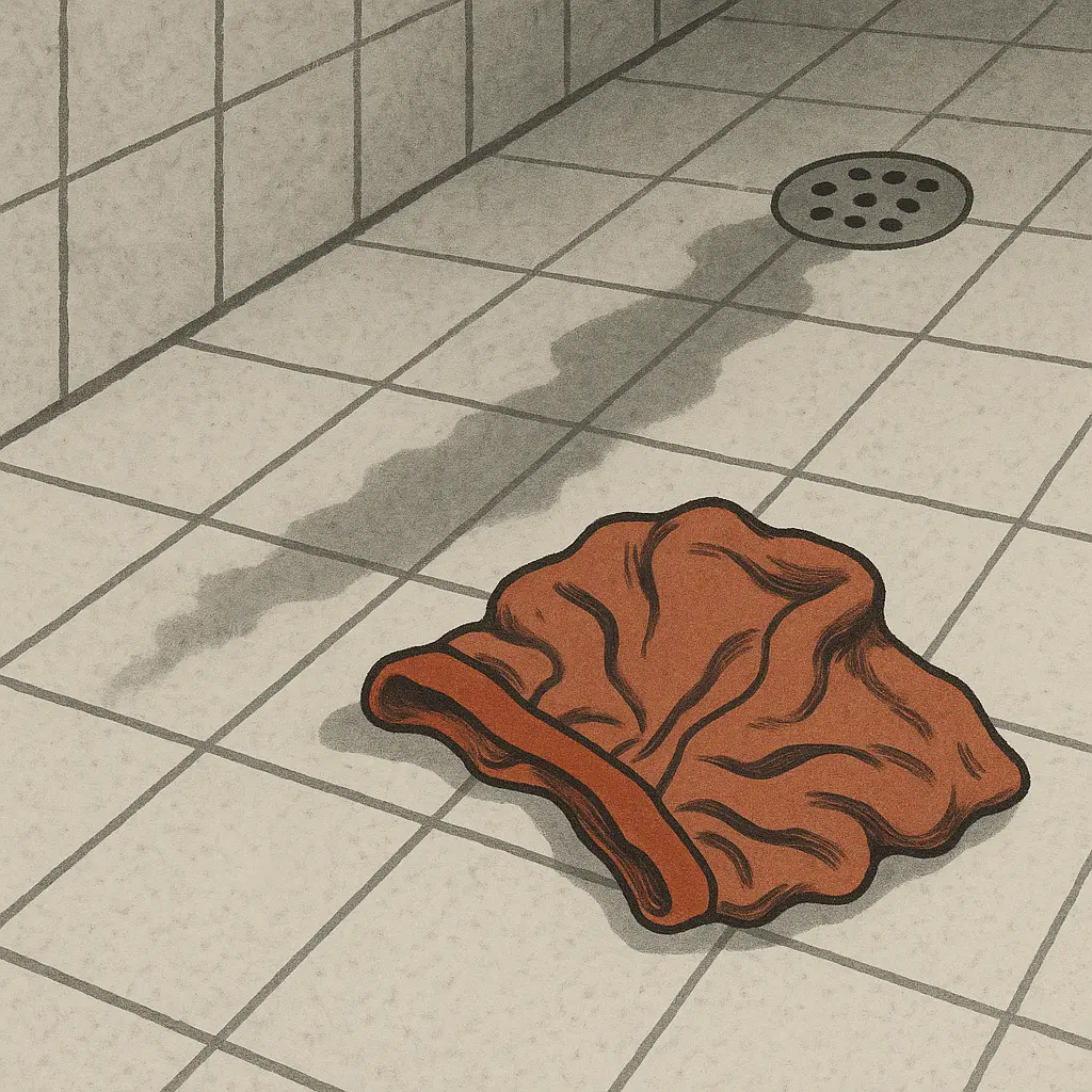 Red-orange shorts crumpled on a tiled bathroom floor beside a dark wet streak leading toward a drain.