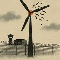 A wind turbine with one blade shattering above a fenced prison compound with guard tower and building in background