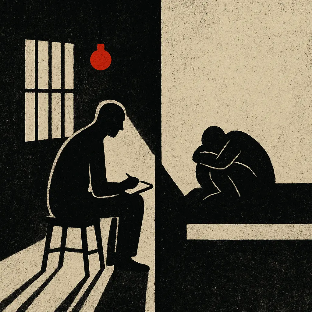 Two silhouetted figures in adjacent rooms divided by a black line, one sitting on a stool writing, the other curled up on a bed under a red light.
